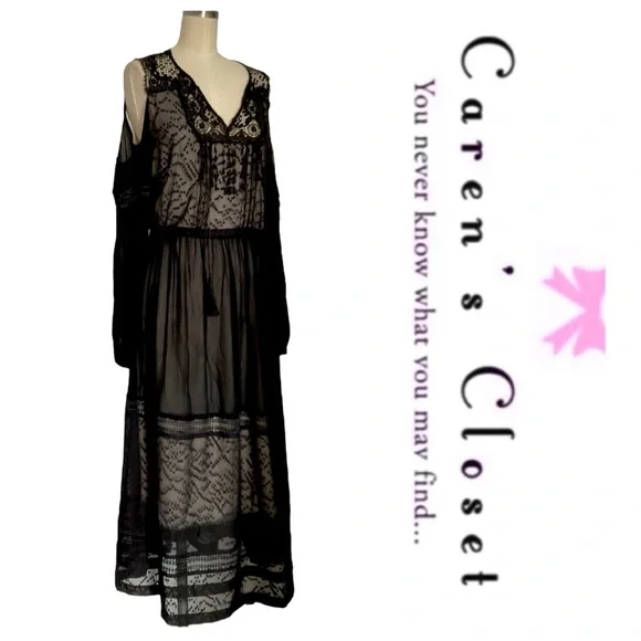 Karen Milan Black Chiffon Lace Cold Shoulder Midi Cocktail Dress - Picture 5 of 10